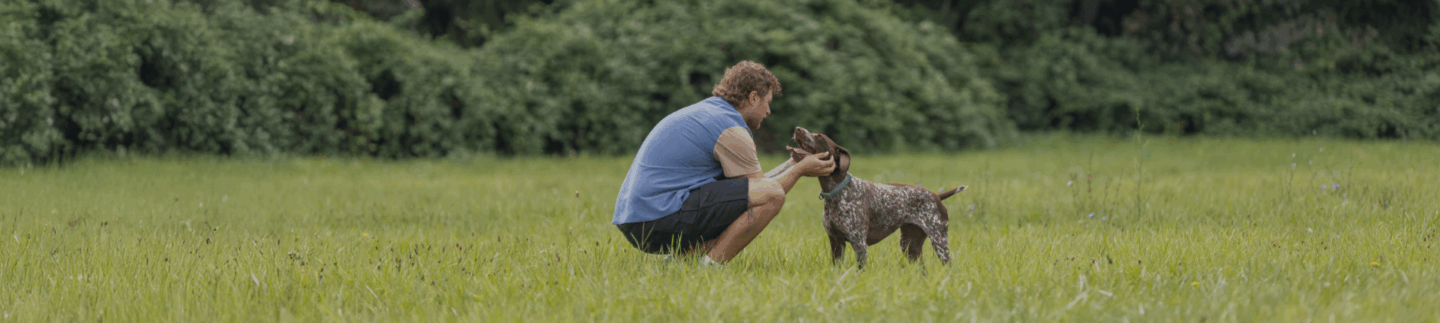 An owner petting his dog